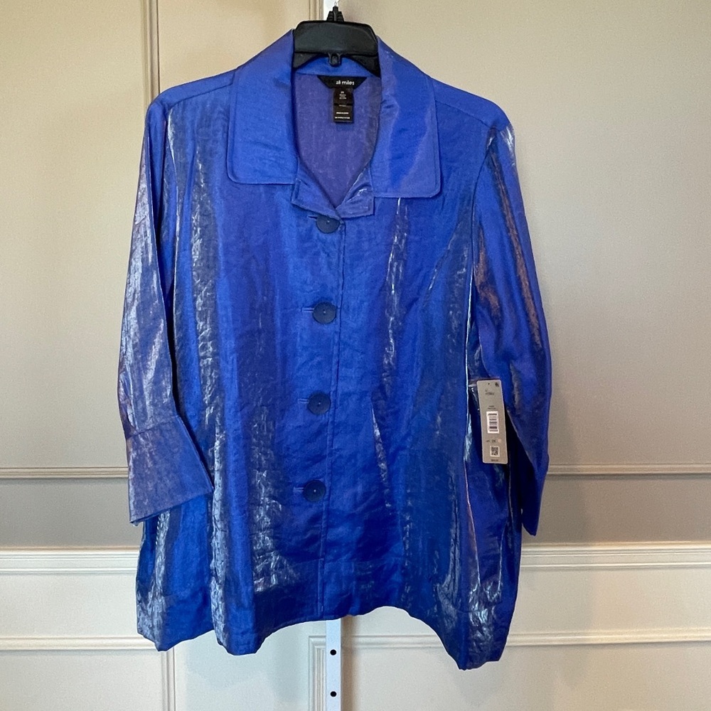 Ali Miles NWT 2X Button Down Shirt Blue Shimmer Wide Collar Royal Sparkle Party